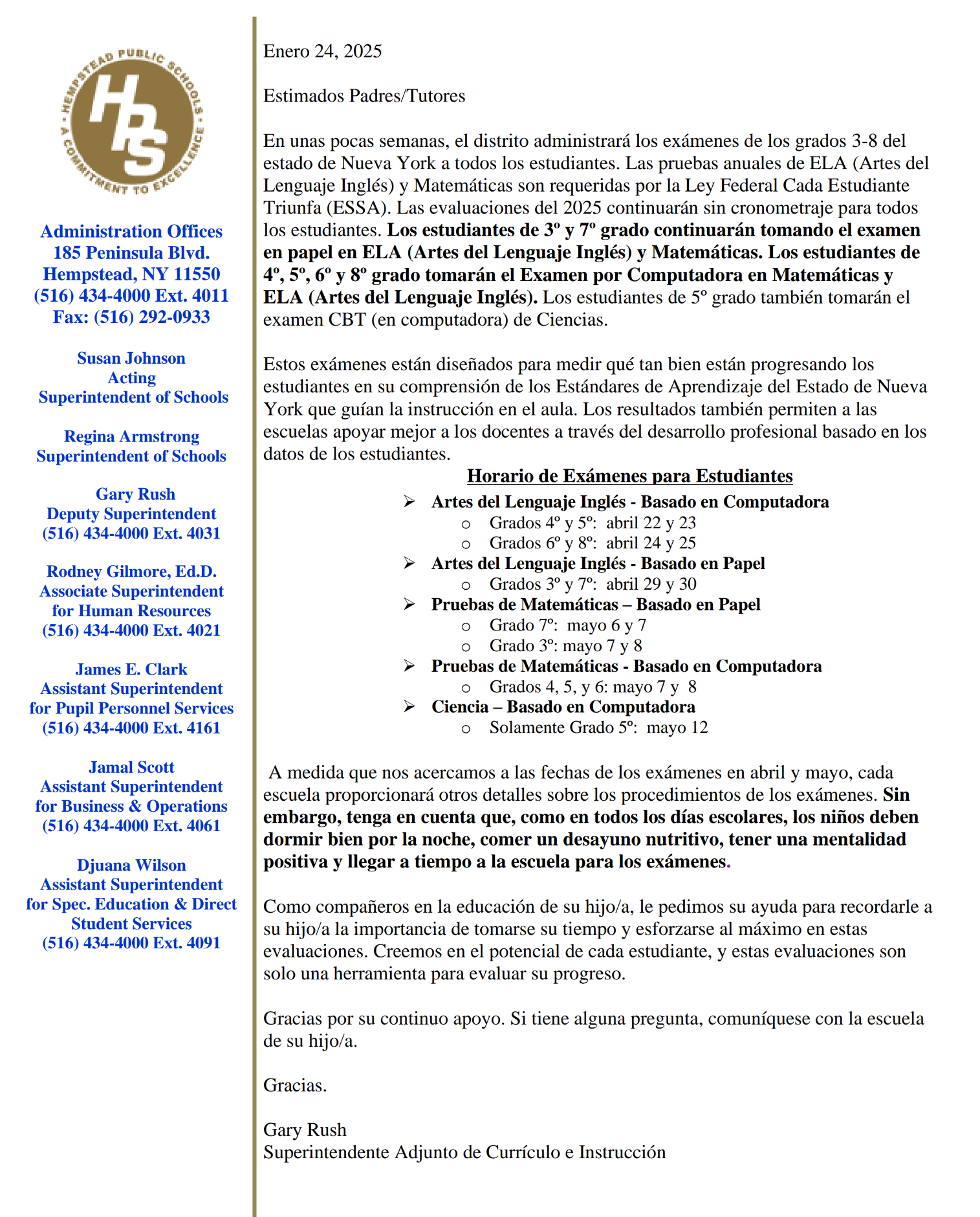Evaluaciones de NYS 2025 - Carta para Padres